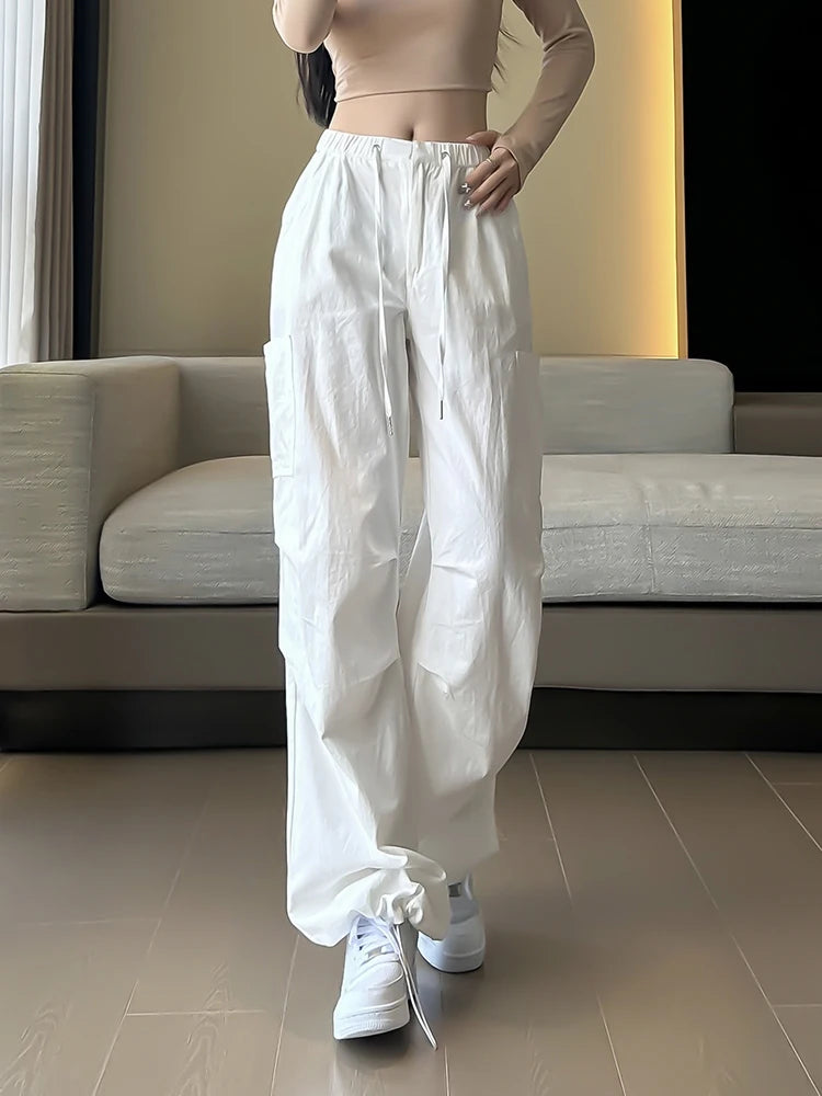 VAIGE White Washed Pure Cotton Wide Leg Casual Baggy Cargo Pants with Pocket and Elastic Waist