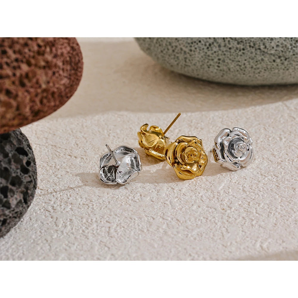 VAIGE   Stainless Steel Rose Flower Waterproof Daily Stud Earrings Stylish Texture Gold Color Plated Jewelry Bijoux