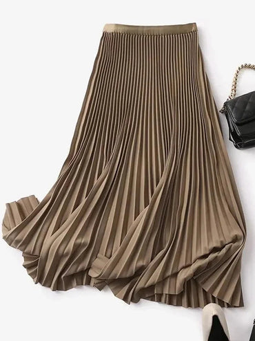 VAIGE Long Pleated Midi Skirt with Elastic Band - Elegant A-Line Design in Light Khaki, Dark Grey, Black, and Green, Available in Sizes S to XL, Made with Soft Acetate and Cotton Blend