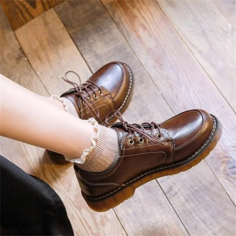 VAIGE Retro Brown Leather Oxfords for Women - Comfortable Round Toe Footwear with Lace-Up Closure and Low Square Heel