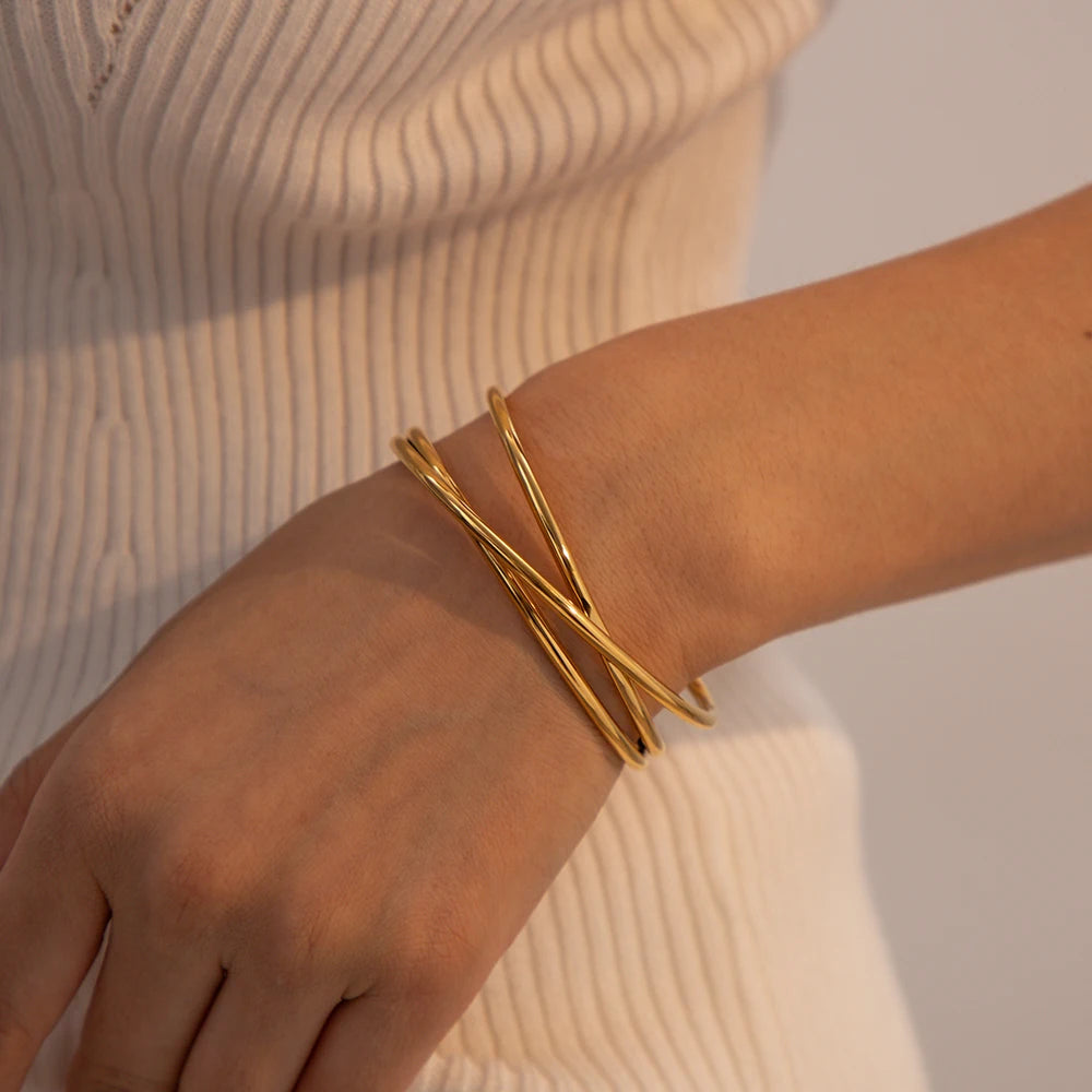 VAIGE Glossy Thin Cuff Bracelet in 18K Gold Plated Stainless Steel with Interlaced Design - Trendy Charm Jewelry Gift