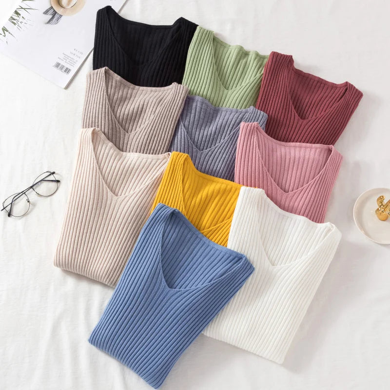 VAIGE Casual Knitted V Neck Pullover Sweater - Long Sleeve, Solid Jersey Top, High Stretch Cotton-Polyester Blend for Autumn/Winter