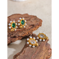 VAIGE Elegant Green and White Zircon Faux Pearl Gold Earrings with Stainless Steel Accents