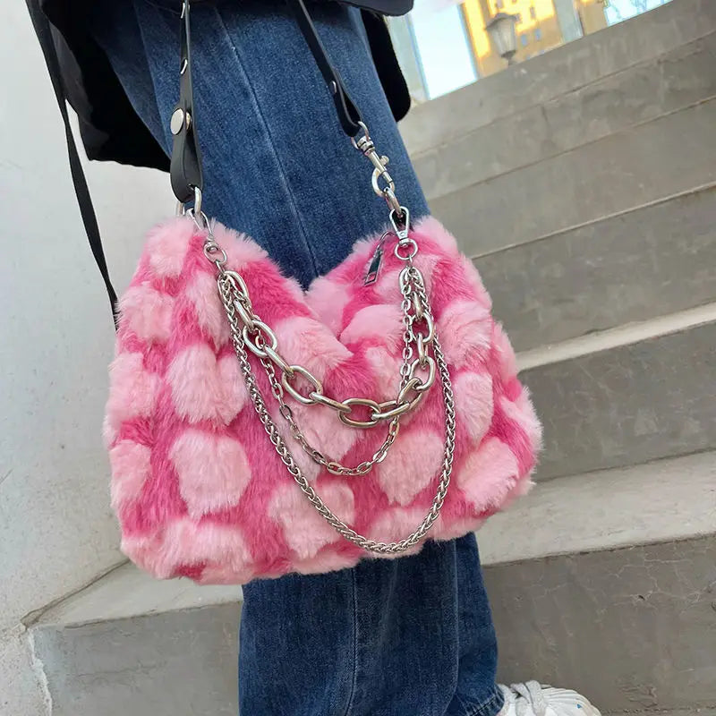 VAIGE Plush Pink Heart Pattern Crossbody Bag with Chain Strap and Zipper Closure