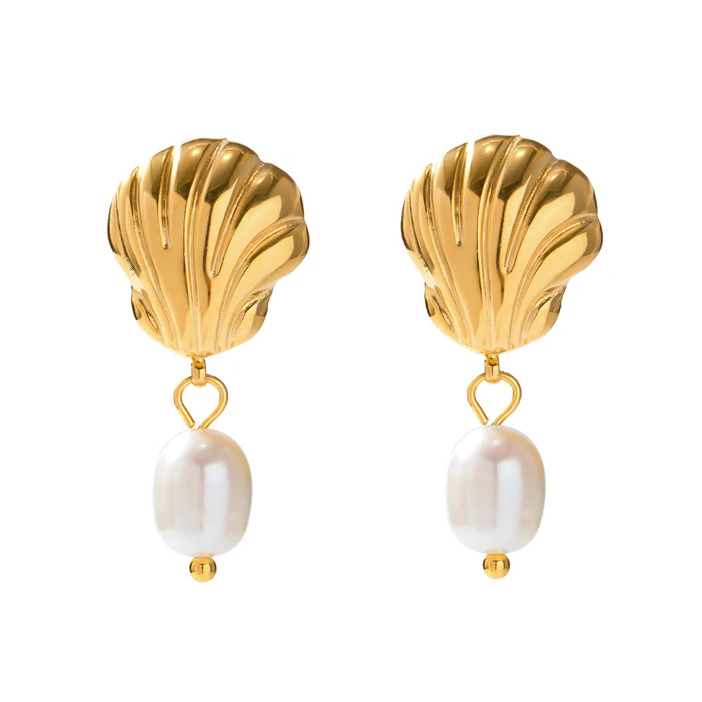 VAIGE Classic Gold Color Waterproof Freshwater Pearl Drop Earrings with Geometric Design