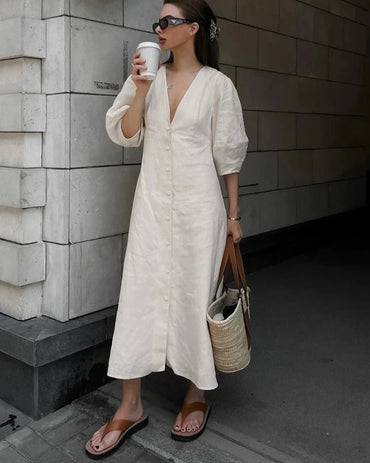 VAIGE Elegant Beige Linen Puff Sleeve Backless Button Dress with V-Neck and Mid-Calf Length