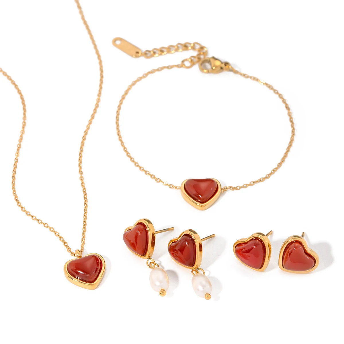 VAIGE Romantic Red Onyx and Stainless Steel Jewelry Set - Heart-Shaped Bracelet, Necklace, and Earrings for Valentine's Day Gift