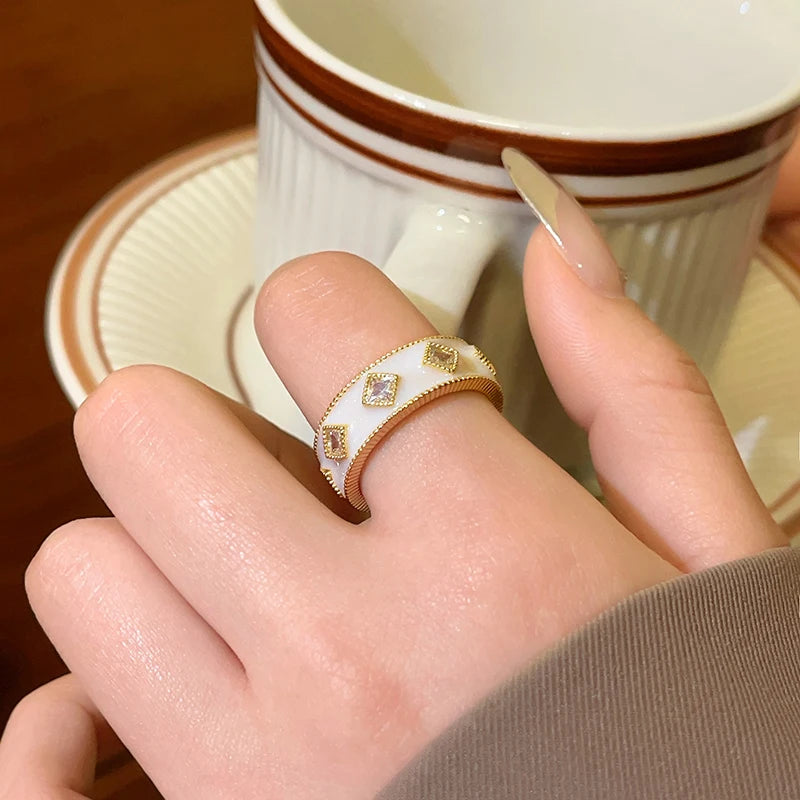 VAIGE Chic Gold Adjustable Ring with White Enamel & Sparkling Zircon