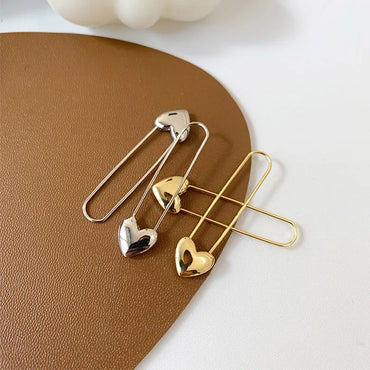 silver & Gold heart long safety pin earrings