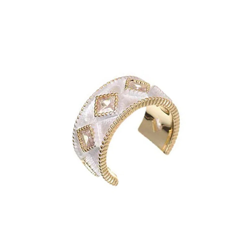 VAIGE Chic Gold Adjustable Ring with White Enamel & Sparkling Zircon