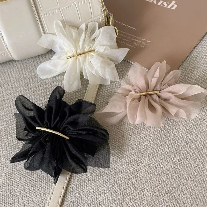 VAIGE. Large Metal Chiffon Flower Hair Claw Clips - Stylish Ponytail Holder Hairpins in Black, Beige, and Light Brown