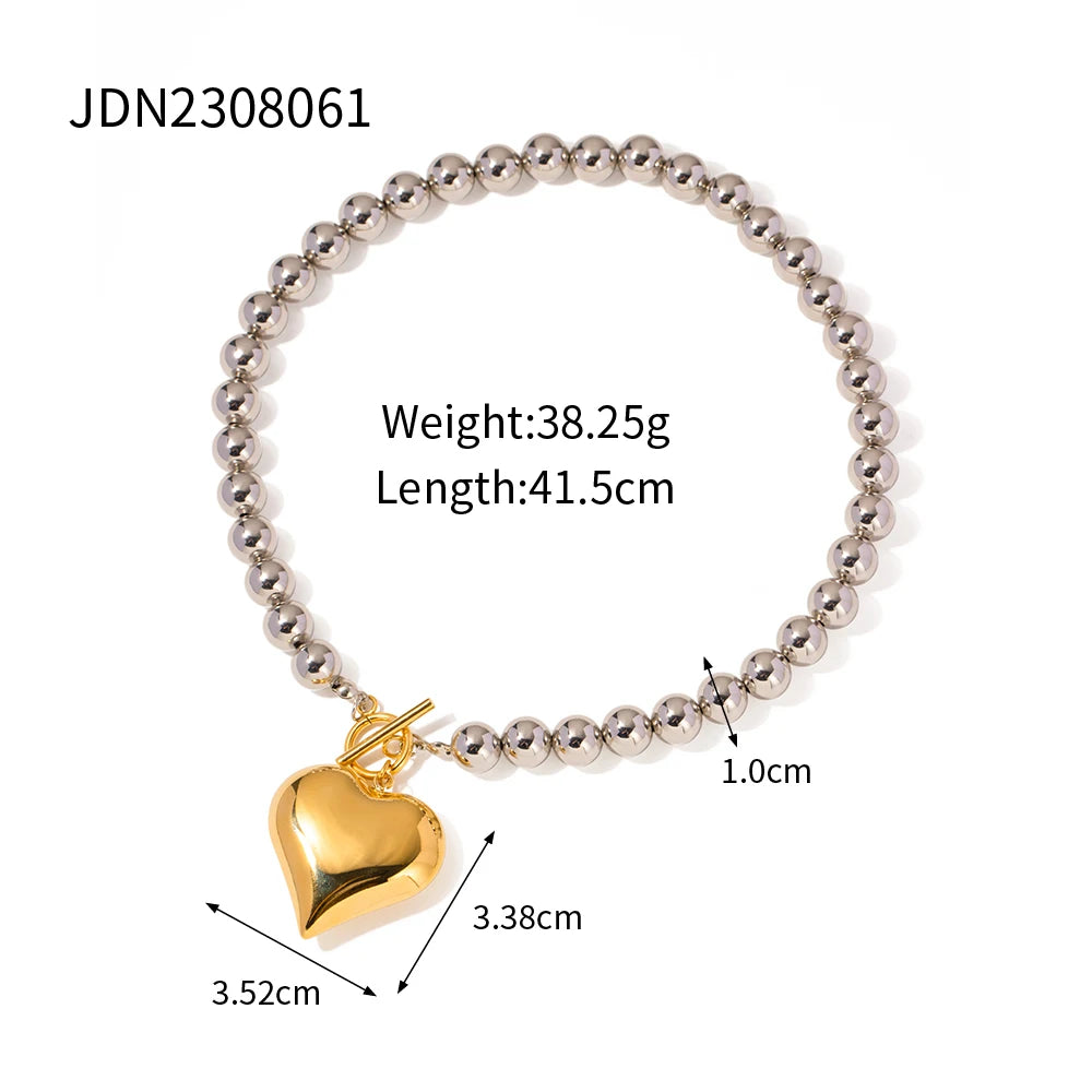 VAIGE Glossy Chubby Heart-shaped Round Bead OT Buckle Necklace - Unique Stainless Steel Fashion Jewelry for Trendy Occasions