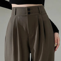 VAIGE High Waist Wide Leg Trousers with Double Buttons, Loose Straight Fit in Coffee, Cotton-Polyester Blend, Full Length