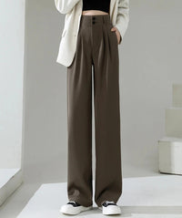 VAIGE High Waist Wide Leg Trousers with Double Buttons, Loose Straight Fit in Coffee, Cotton-Polyester Blend, Full Length