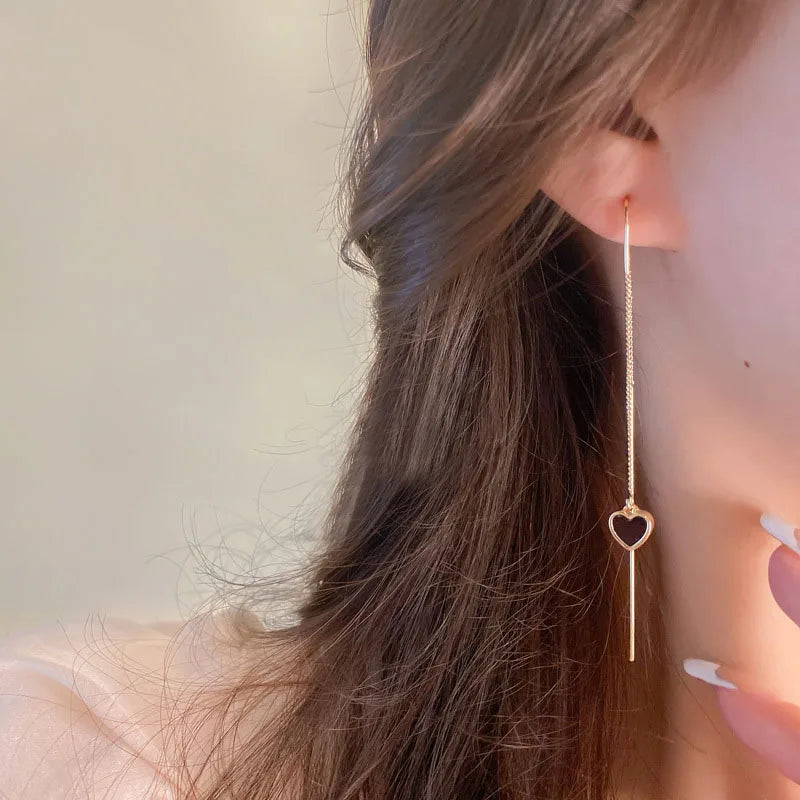 VAIGE Elegant Black Heart Gold Thread Drop Earrings