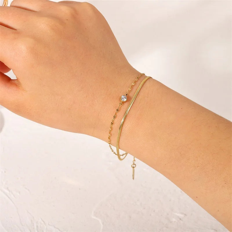 VAIGE Stainless Steel Golden Double Layer Snake Bone Chain Bracelet - Chic Fashion Jewelry Gift