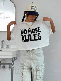 VAIGE 100% Cotton Crop T-Shirt with Letter Prints - O-Neck Short Sleeve Summer "No More Rules" Tee