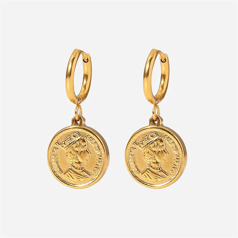 VAIGE Elegant Double-Sided Coin Earrings featuring Queen Elizabeth in Silver and Gold