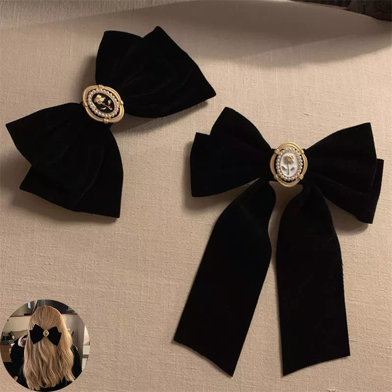 VAIGE Chic Black Velvet Floral Hair Bow Clip