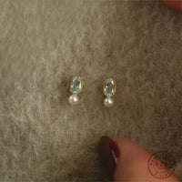 VAIGE 925 Sterling Silver Blue Zircon Pearl Stud Earrings Simple Jewelry Accessories