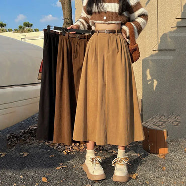 VAIGE Vintage Corduroy High Waist Pleated Midi Skirt in Coffee, Khaki, and Black - A-Line Design for All Seasons