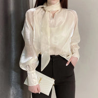 VAIGE Pink Gauze Blouse with Stand Collar, Lantern Sleeves, Loose Fit, Bowtie Decoration, Casual Broadcloth Top