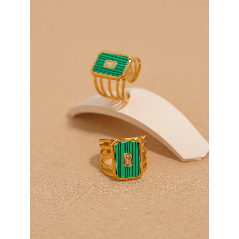 VAIGE Luxe Green Malachite & Gold-Plated Stainless Steel Ring