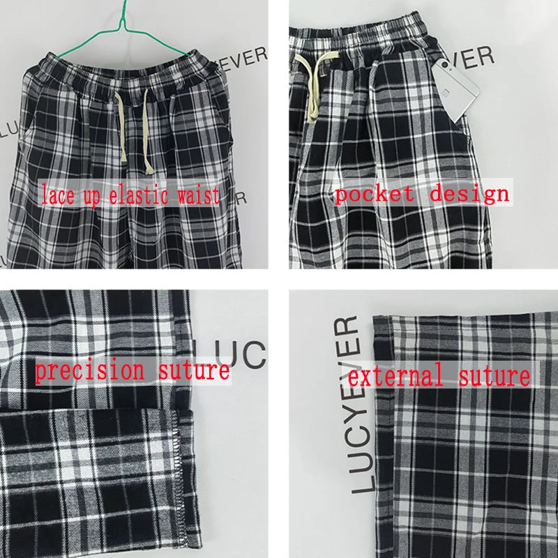 VAIGE Black and White Plaid Loose Straight Wide Leg Trousers - Casual Summer Pants with Drawstring Closure, Available in S/M/L/XL/XXL/XXXL/4XL, Made from Polyester