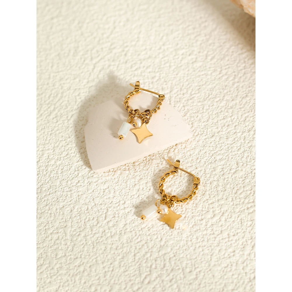 VAIGE Trendy 18K Gold Plated Stainless Steel Hoop Earrings with Natural Pink Stone Charms - Waterproof Fashion Jewelry