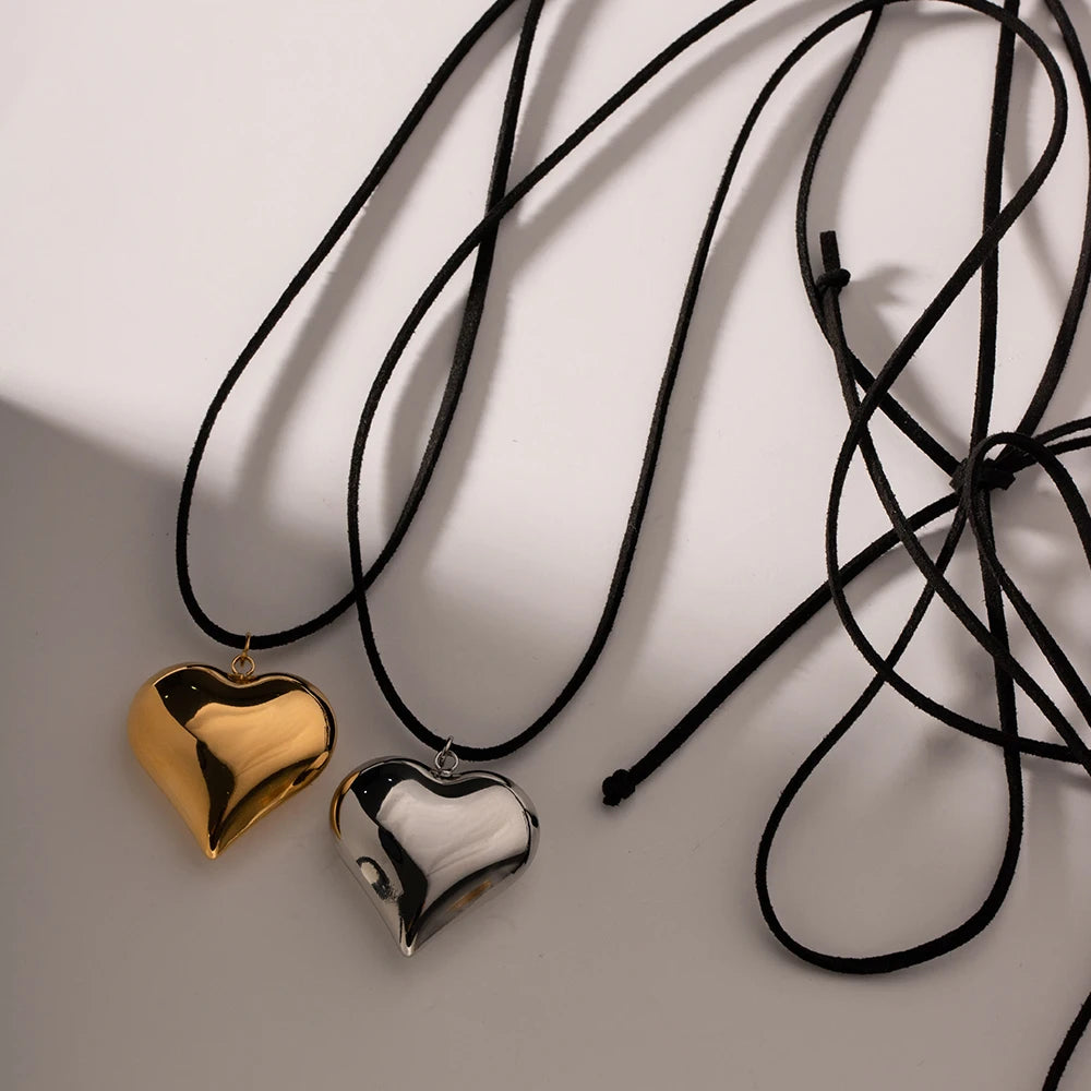 VAIGE Glossy Golden Stainless Steel Heart Pendant Necklace with Cashmere Rope Chain - Trendy Fashion Jewelry