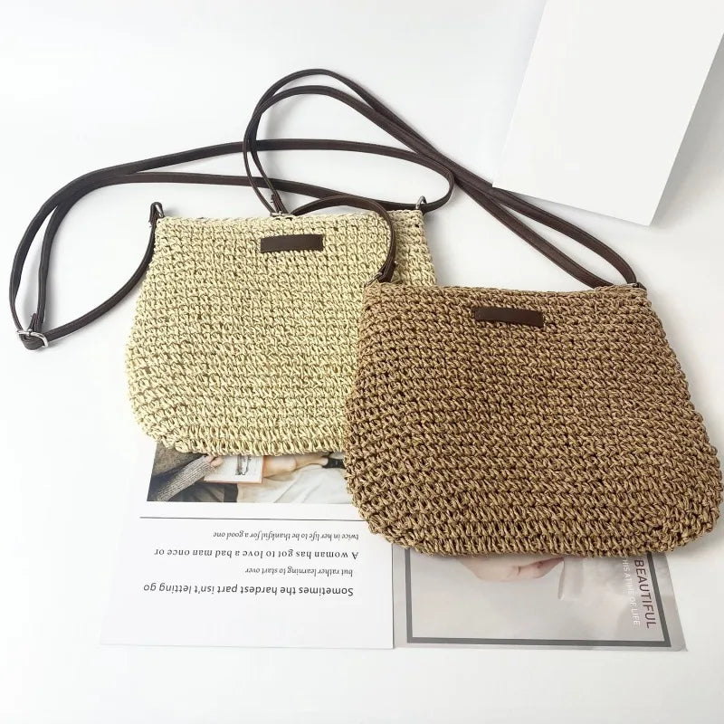 VAIGE Chic Woven Straw Crossbody Bag in Tan - Stylish Summer Shoulder Handbag