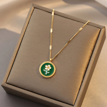 VAIGE Elegant Green and Gold Floral Stainless Steel Necklace