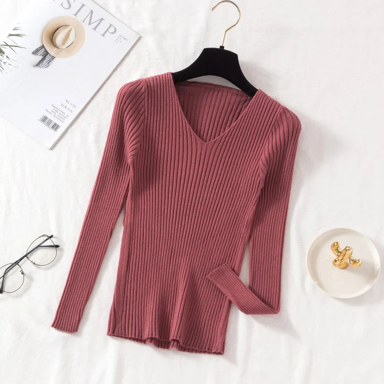 VAIGE Casual Knitted V Neck Pullover Sweater - Long Sleeve, Solid Jersey Top, High Stretch Cotton-Polyester Blend for Autumn/Winter