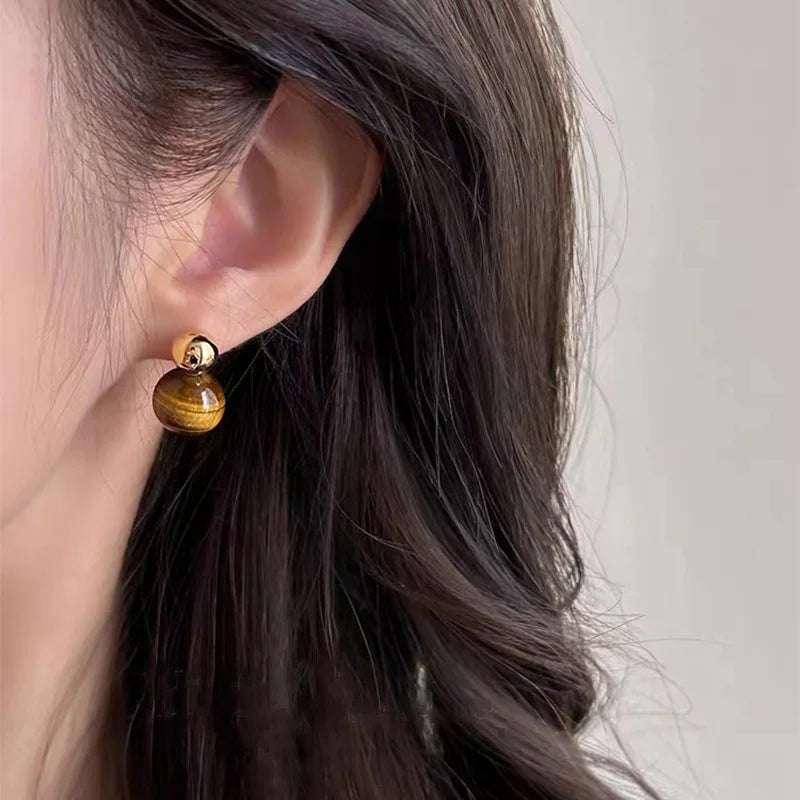 VAIGE Tiger Eye Gold Geometric Ball Circle Stud Earrings