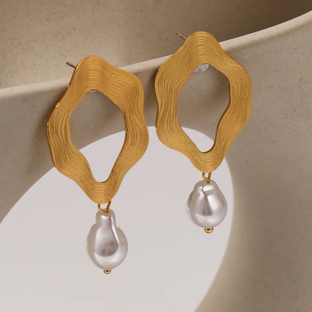 VAIGE Irregular Stainless Steel Drop Earrings with 18K Gold Plating and Baroque Pearl Charm - Luxury Waterproof Jewelry