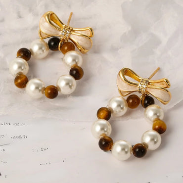 VAIGE Chic Bow Knot Beaded Drop Earrings in Elegant Gold and Silver