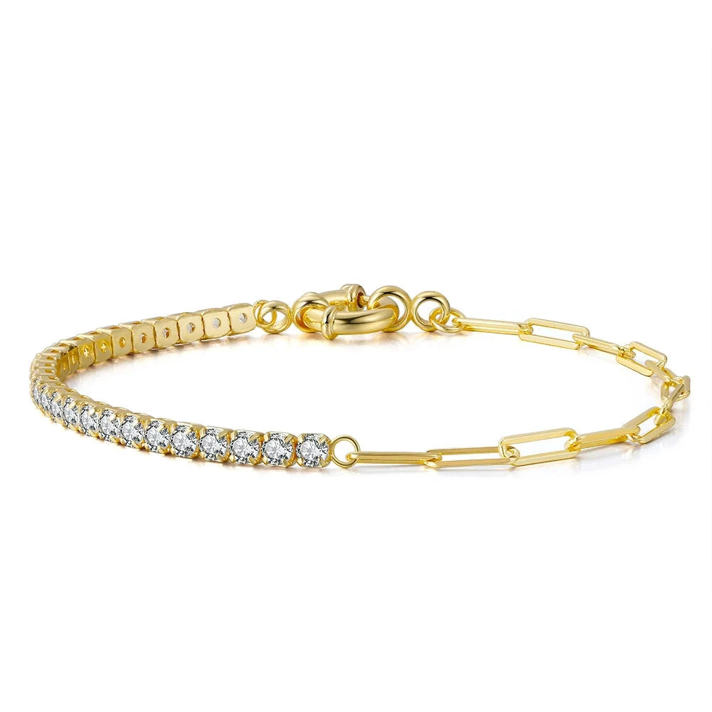 VAIGE 14K Gold Plated 925 Sterling Silver Handmade Paperclip Chain Bracelet with Cubic Zirconia Tennis Design, Multiple Sizes Available