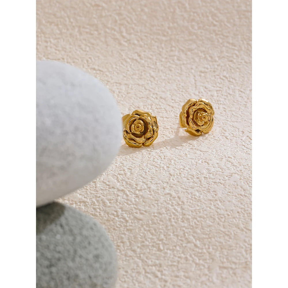 VAIGE   Stainless Steel Rose Flower Waterproof Daily Stud Earrings Stylish Texture Gold Color Plated Jewelry Bijoux