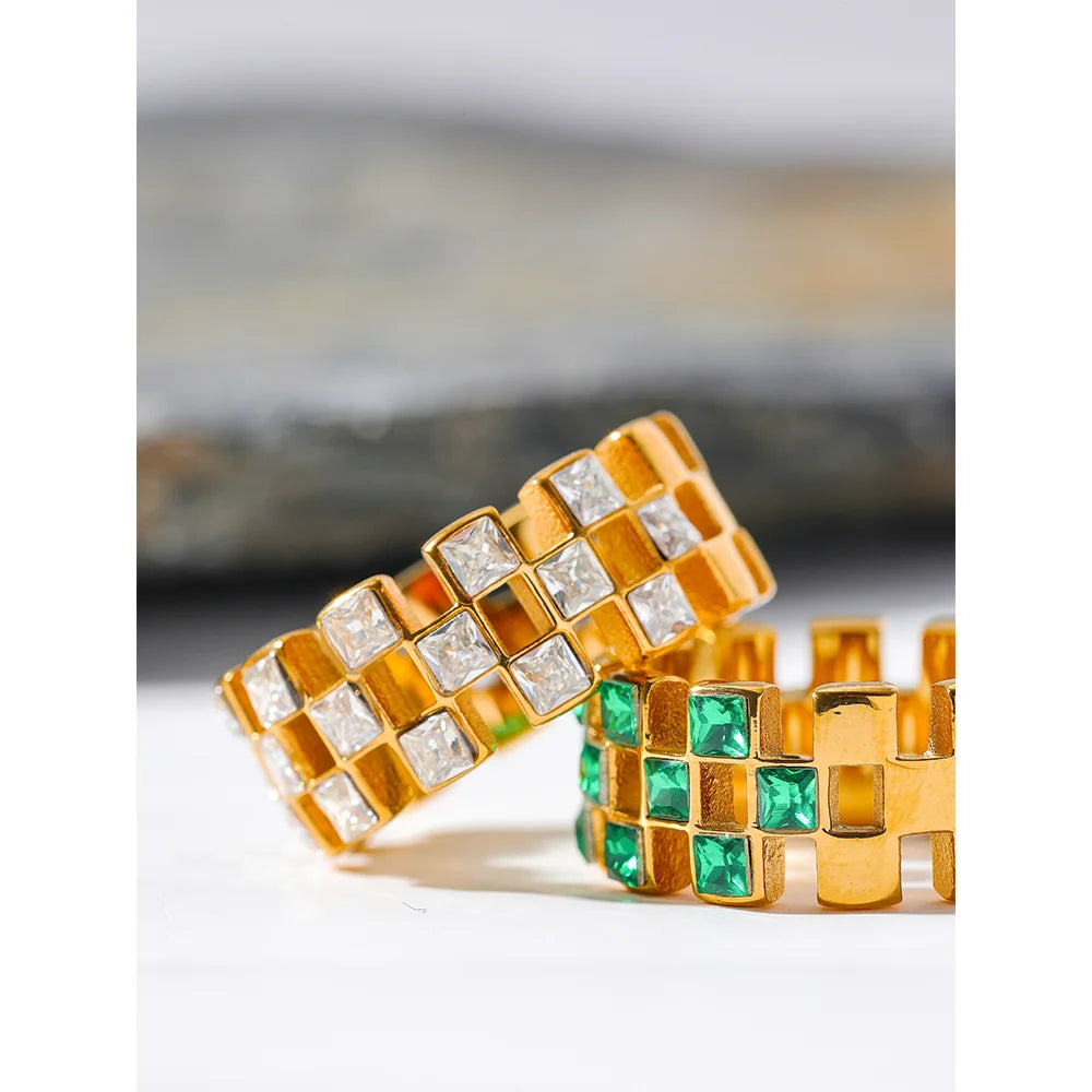 VAIGE Exquisite Bling Green and White Cubic Zirconia Hollow Stainless Steel Grid Ring - High-Quality Delicate Jewelry Gift