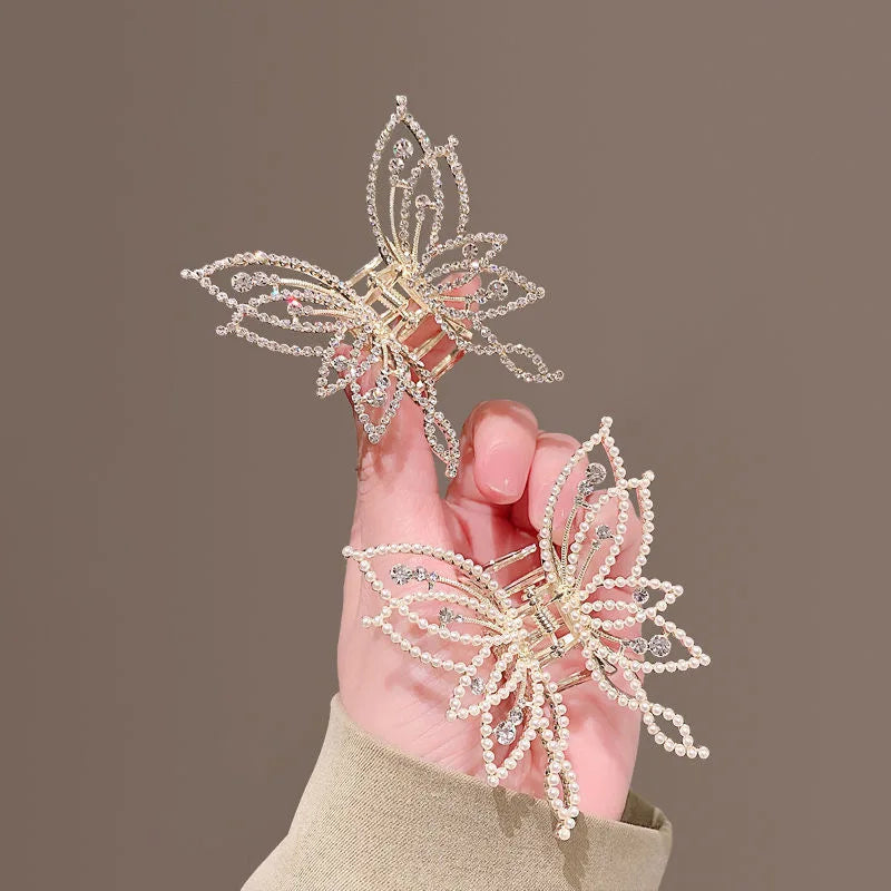 VAIGE Elegant Butterfly Zirconia & White Bead Hair Claw Clips in Gold and Silver