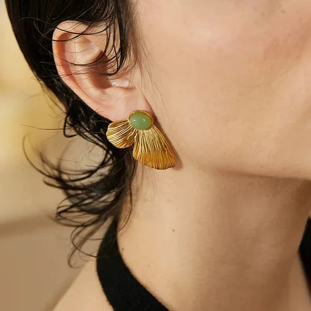 Green Stone Butterfly Wing Stainless Steel Earrings