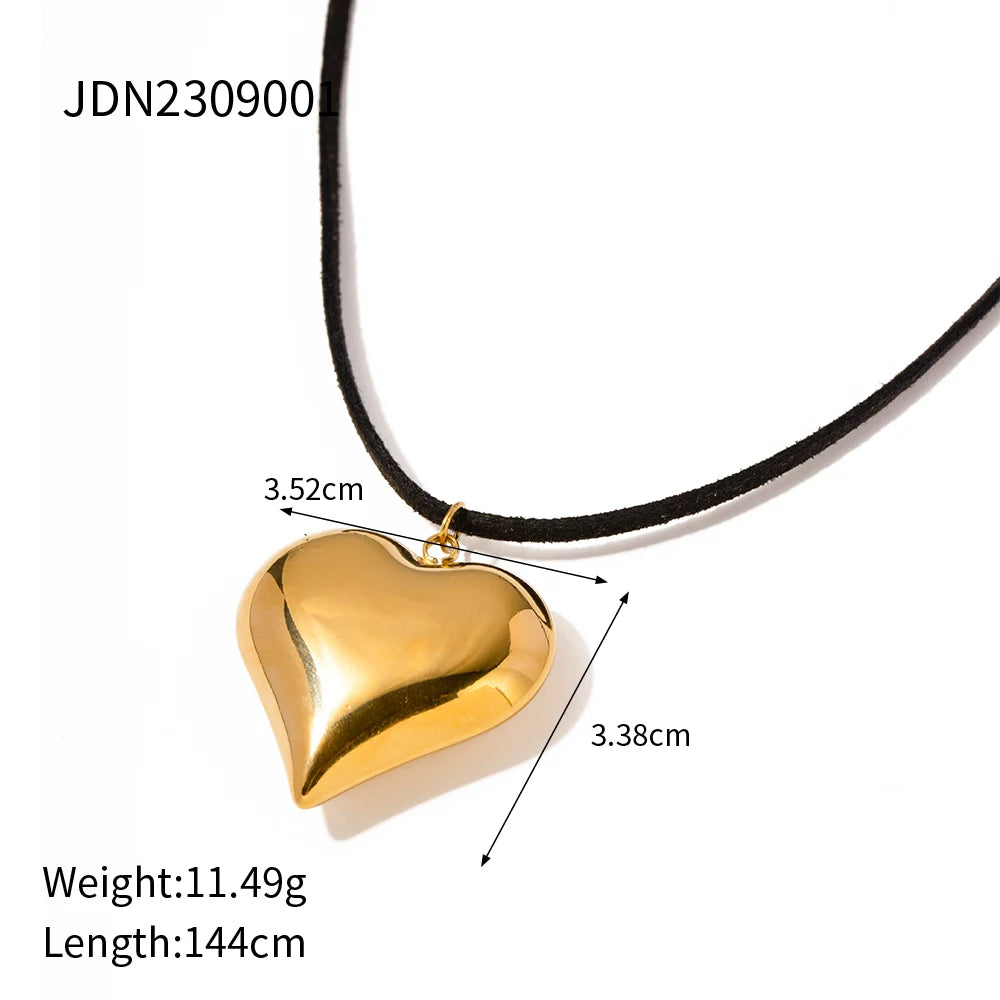 VAIGE Glossy Golden Stainless Steel Heart Pendant Necklace with Cashmere Rope Chain - Trendy Fashion Jewelry