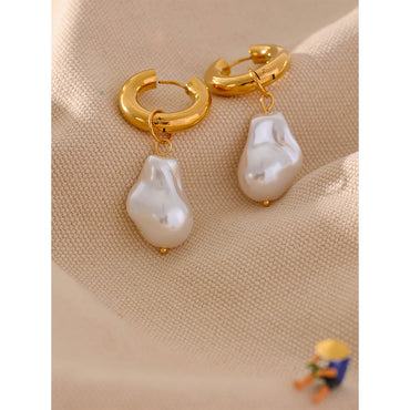 VAIGE Geometric Circle Drop Earrings with Simulated Pearls and Gold Plated Stainless Steel Hoops