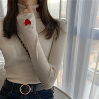 VAIGE Heart Embroidery Turtleneck Knitted Sweater - Ribbed Pullover for Autumn and Winter