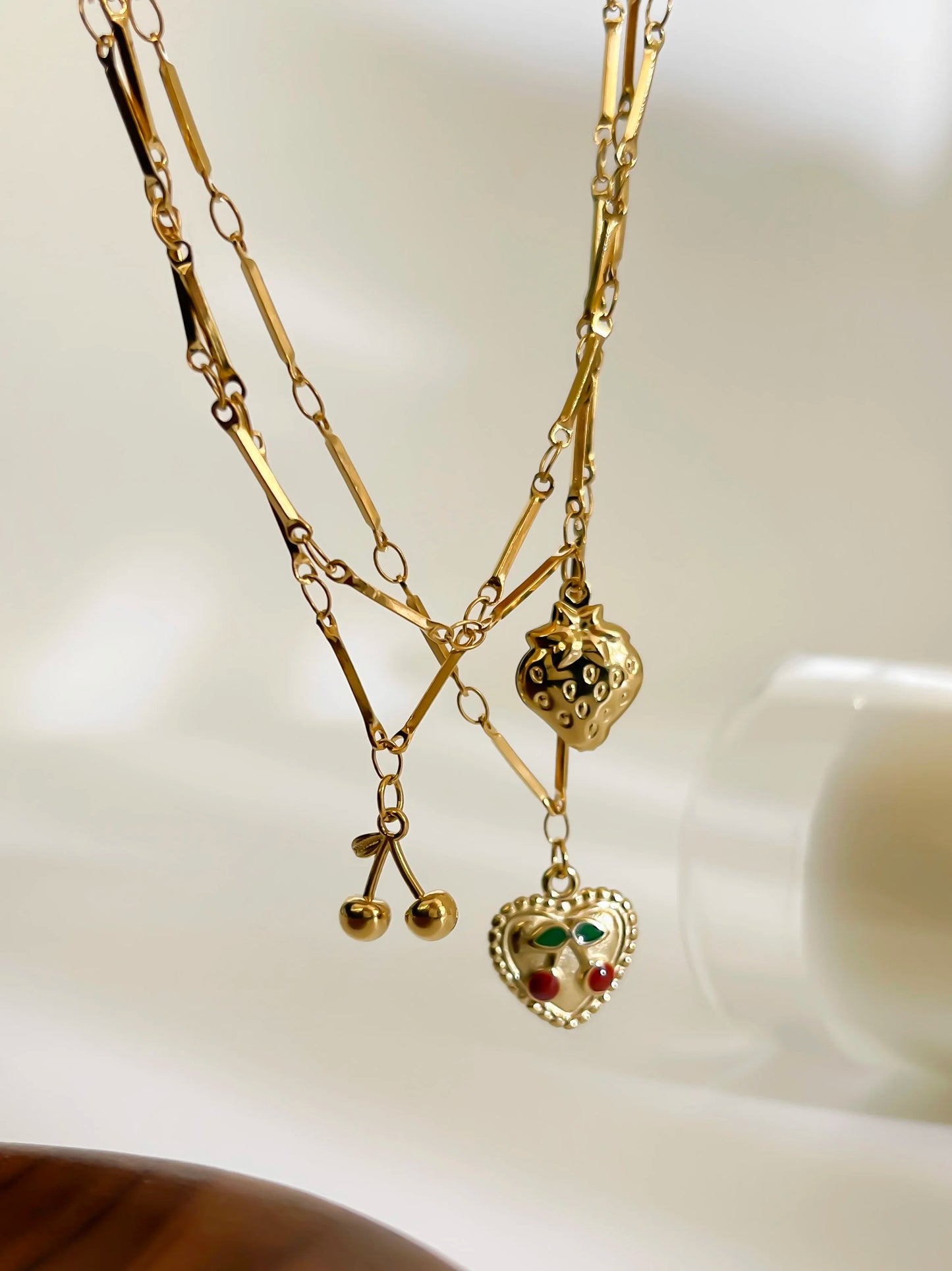 VAIGE Cherry Heart Pendant Necklace Gold Stainless Steel