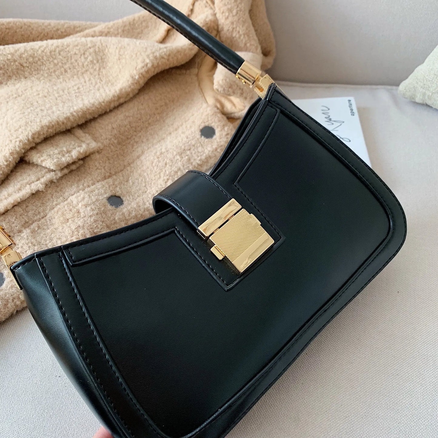 VAIGE Solid Color PU Leather Shoulder Bag with Lock Closure, Small Zipper Clutch and Cell Phone Pocket, Soft Baguette Design