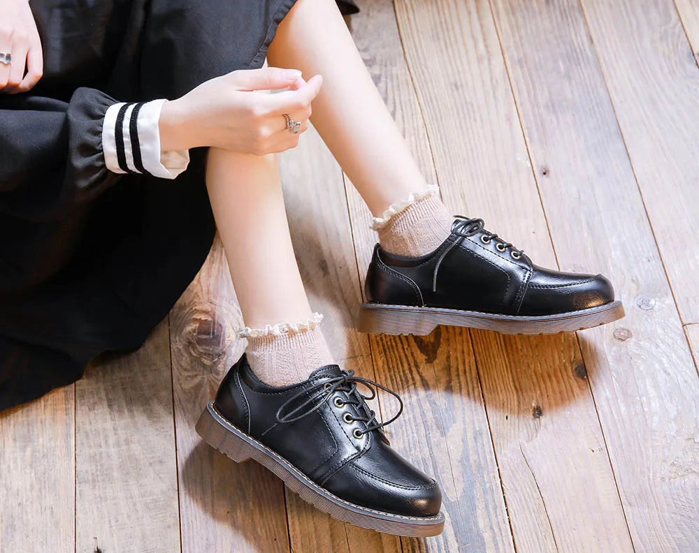 VAIGE Retro Brown Leather Oxfords for Women - Comfortable Round Toe Footwear with Lace-Up Closure and Low Square Heel