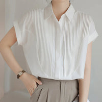 VAIGE Summer White Blouse with Flying Sleeves and Turn-Down Collar, Single-Breasted Button-Up, Casual Style, Polyester Material, Regular Fit