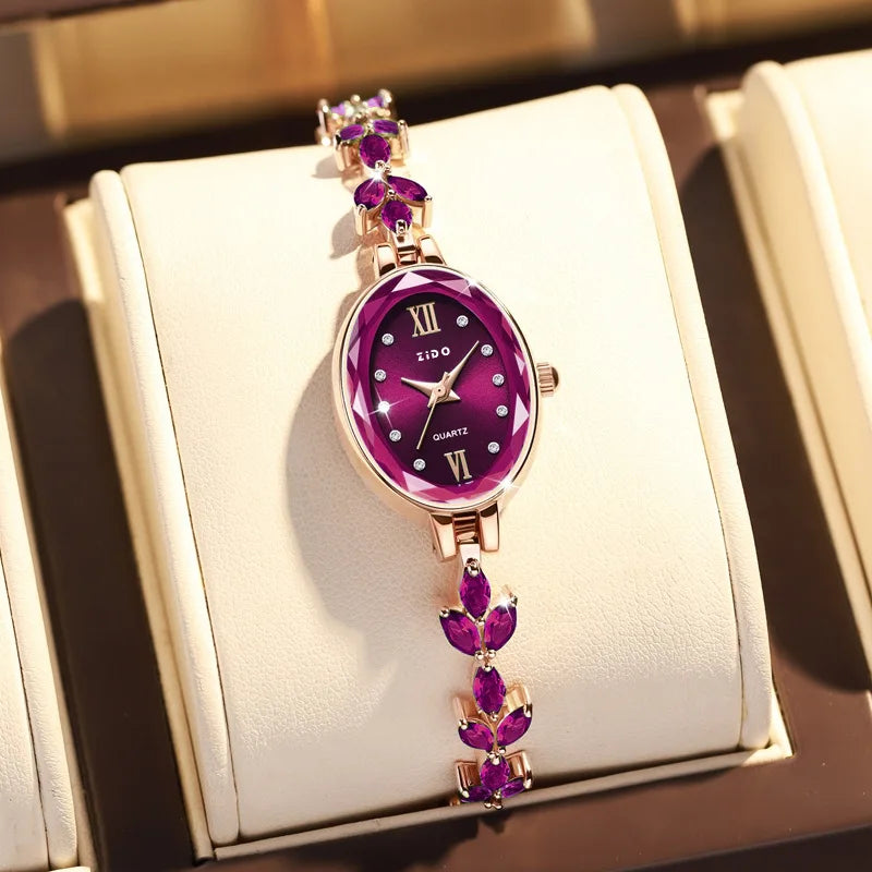 VAIGE Stunning Purple Diamond-Embellished Oval Quartz Watch with Luxurious Gold Bracelet