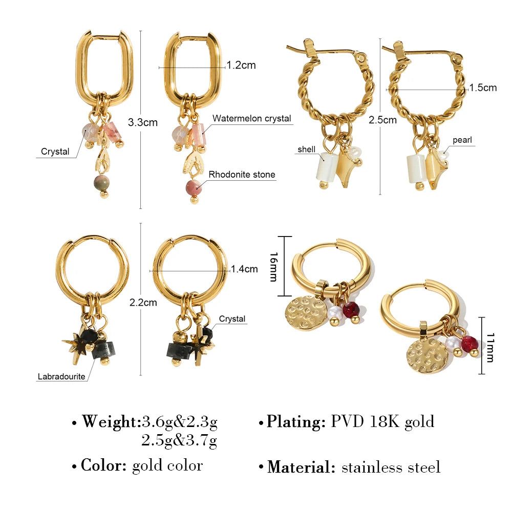 VAIGE Trendy 18K Gold Plated Stainless Steel Hoop Earrings with Natural Pink Stone Charms - Waterproof Fashion Jewelry